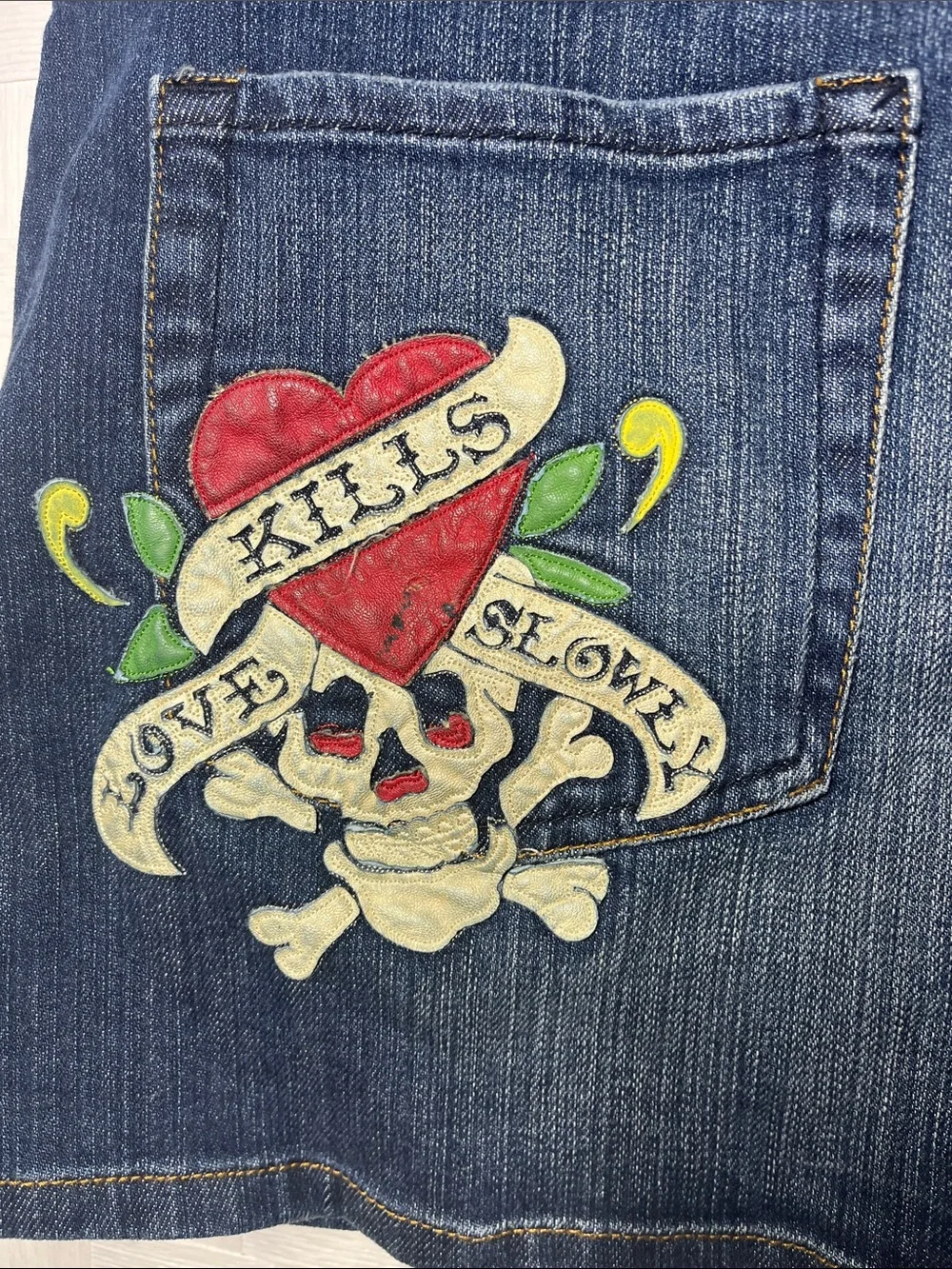 Ed Hardy Blue Denim Mini Skirt Love Kills Slowly Red Heart Skull Embroidery